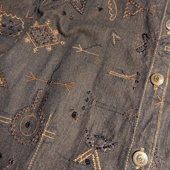 Vtg 1990s Chico's Brown Denim Silk Lined Primitive Tribal Embroidered Jacket 2 L - Picture 3 of 4